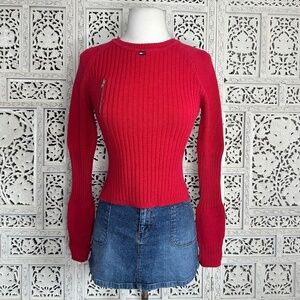 Vintage Tommy Hilfiger Tommy‎ Jeans Red Ribbed Crewneck Fitted Sweater Sz XS